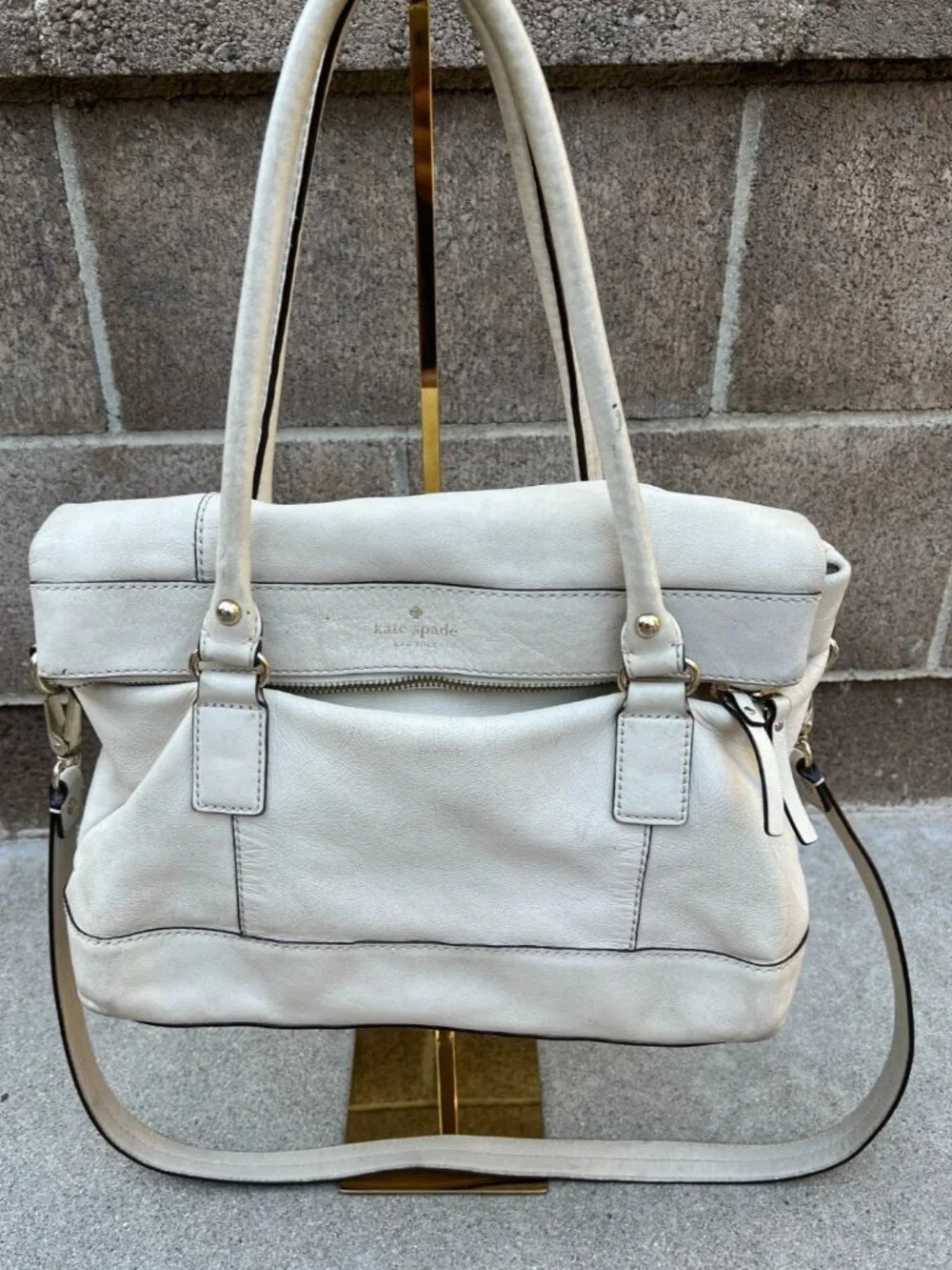 KATE SPADE Fremont Place Crossbody Purse Satchel Hand Bag Beige Leather